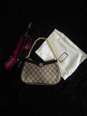 Gucci Ophidia Small Shoulder Bag with Black Trim and Navy-Red Strap